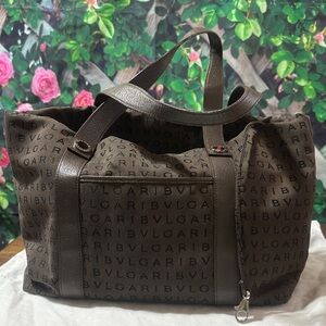 Bulgari Brown Logo-Print Canvas Tote with Dark Brown Trim BVLGARI